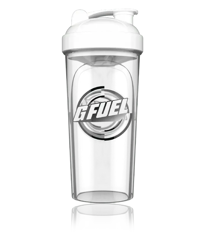 A clear G FUEL shaker bottle with a white lid and logo, showing its reflection.