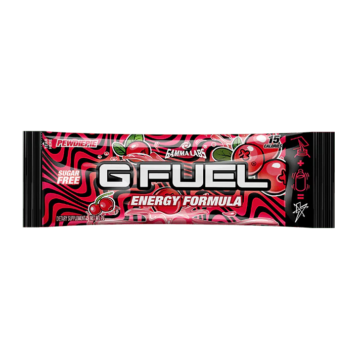 G Fuel energy formula packet with cherry design and bold text.