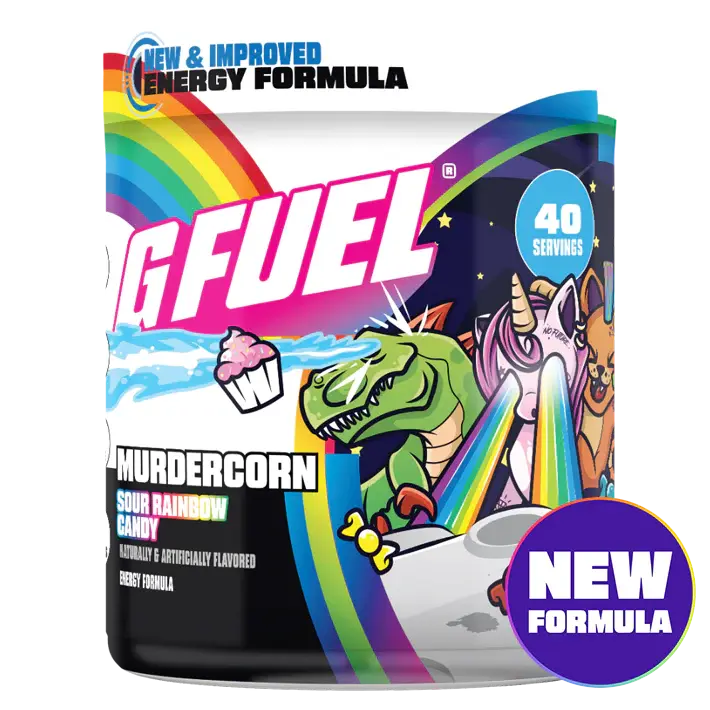 A tub of G FUEL Murdercorn Sour Rainbow Candy energy formula with cartoon dinosaur and unicorn graphics.