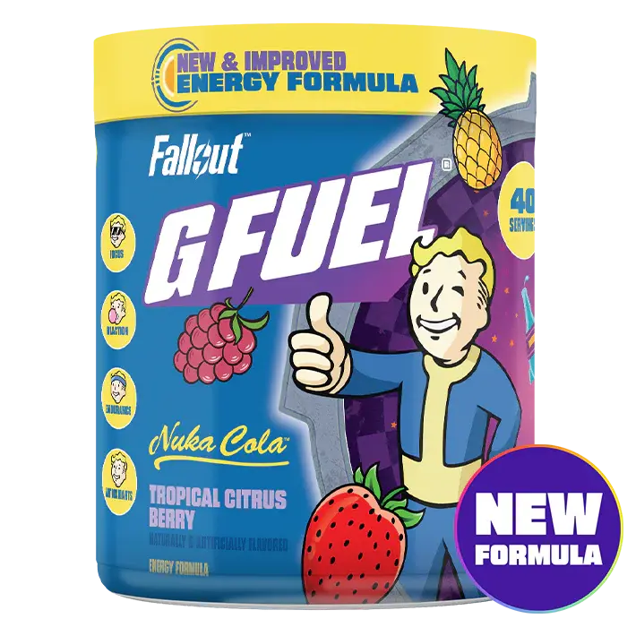 A tub of Fallout-themed G FUEL energy formula in Nuka Cola Tropical Citrus Berry flavor.
