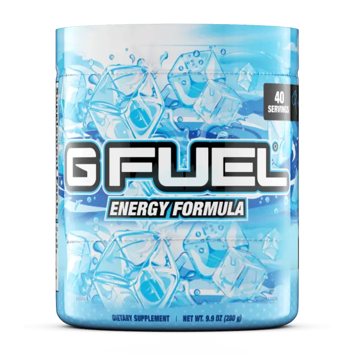 A tub of G Fuel Energy Formula dietary supplement with a light blue, icy design.