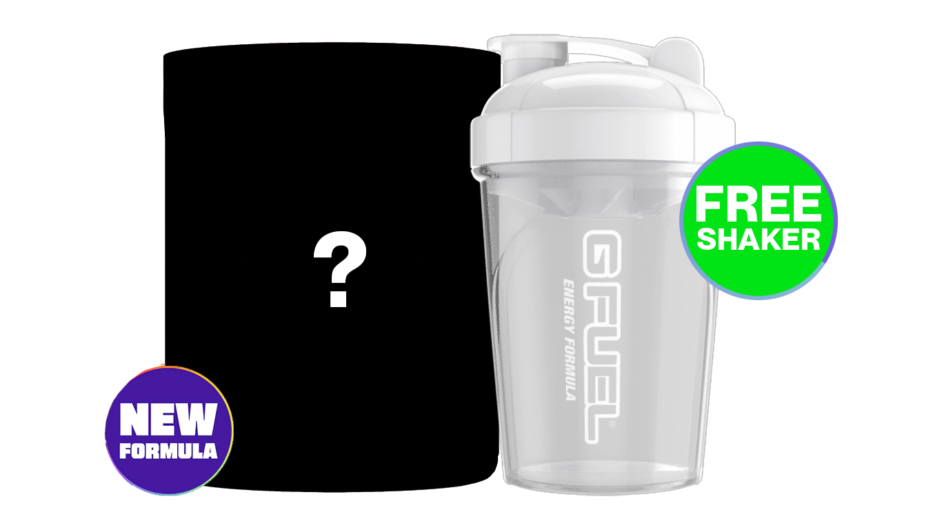 Energy drink can with a question mark and a clear shaker.