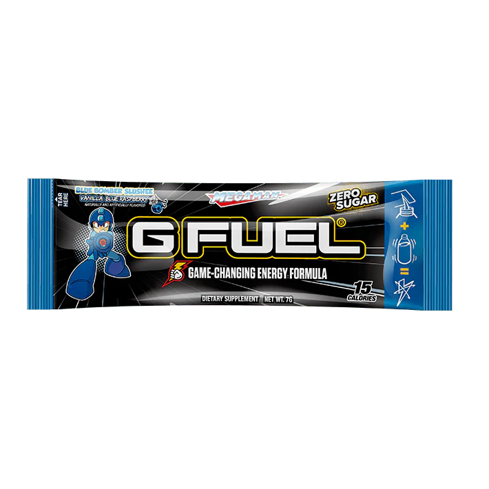 G Fuel energy formula packet featuring a blue character and text about zero sugar and 15 calories.