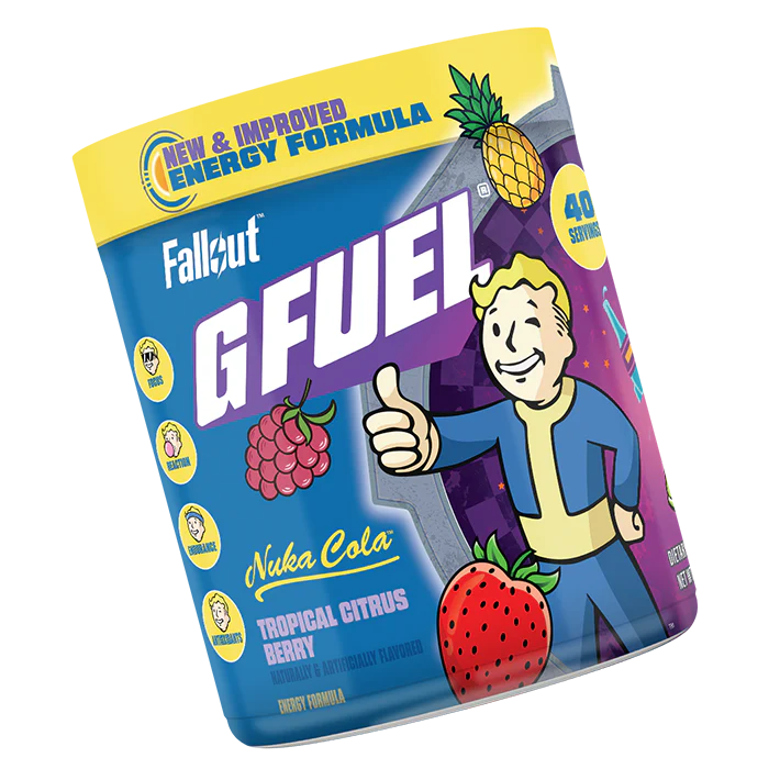 G Fuel Nuka Cola tub with tropical fruit graphics and cartoon character.