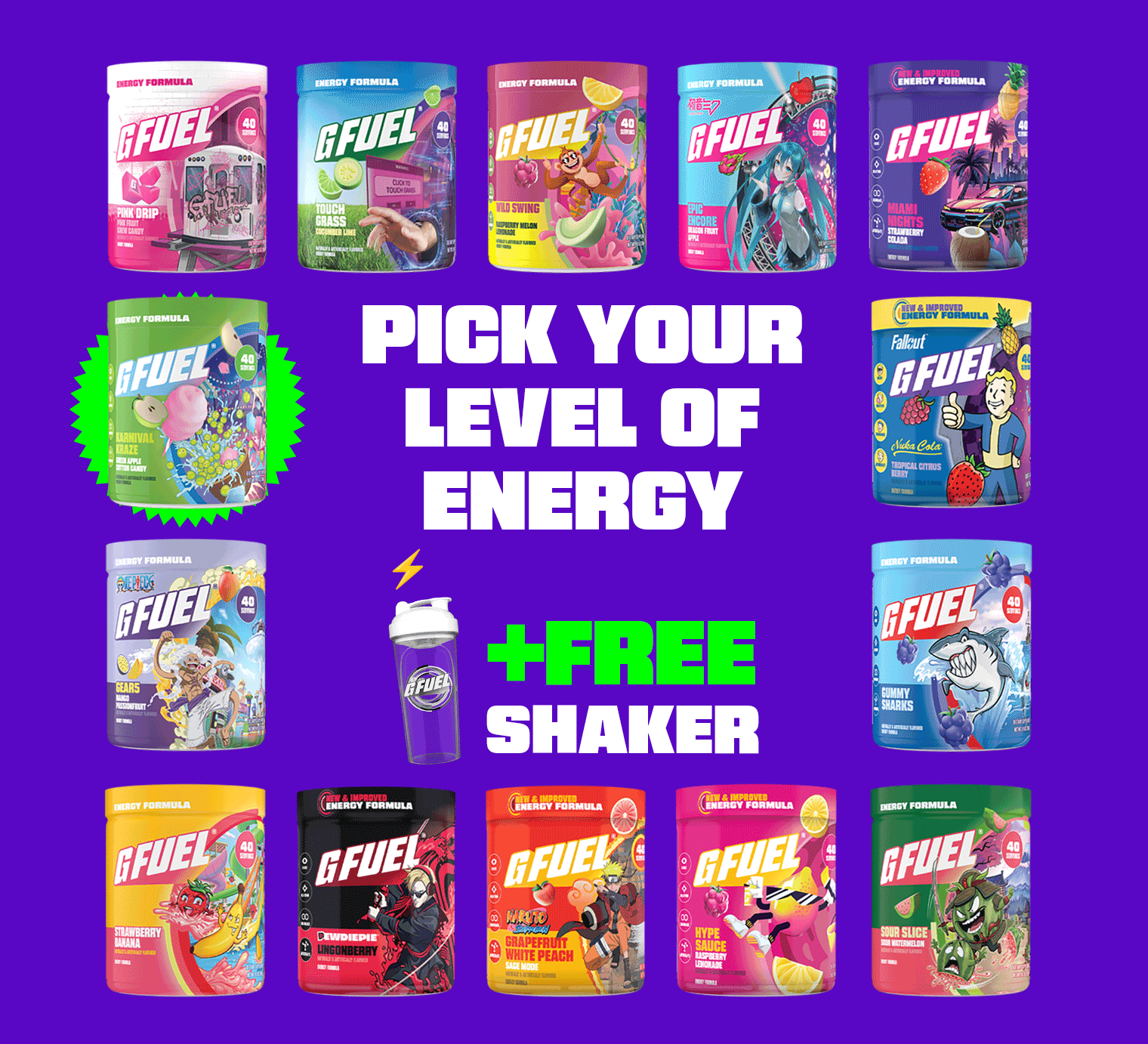 Colorful G Fuel energy formula tubs with text 'Pick Your Level of Energy' and 'Free Shaker'.