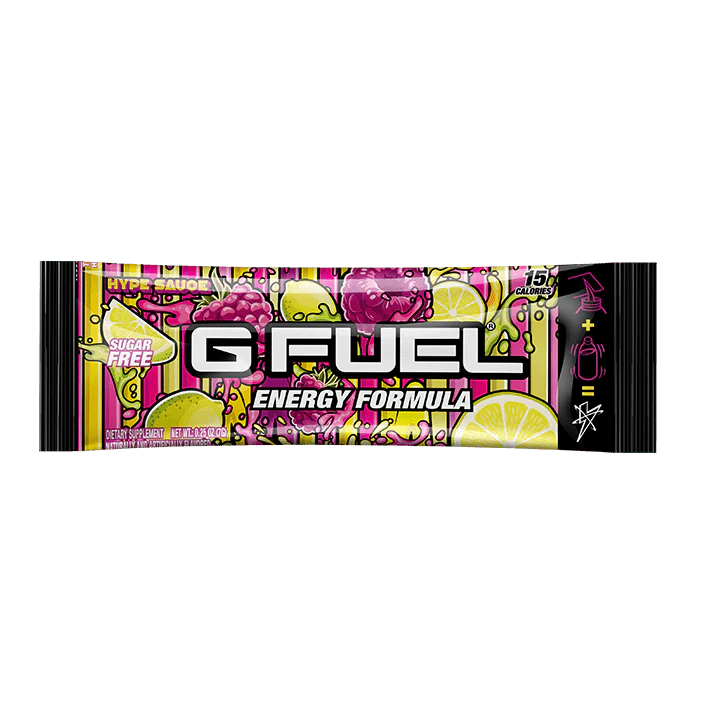 G Fuel energy formula packet with lemon and raspberry graphics, labeled sugar-free and 15 calories.