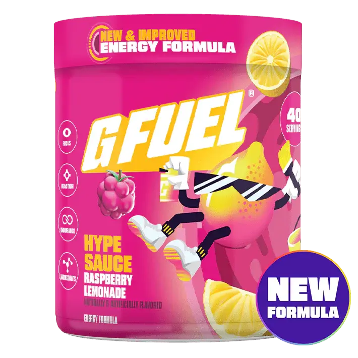 A pink tub of G FUEL's Hype Sauce Raspberry Lemonade energy formula with a cartoon lemon mascot.