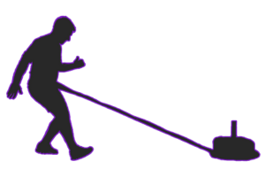 Silhouette of a person pulling a sled with a thin rope.