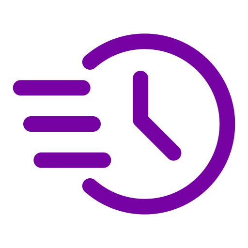 Purple clock icon with motion lines on the left.
