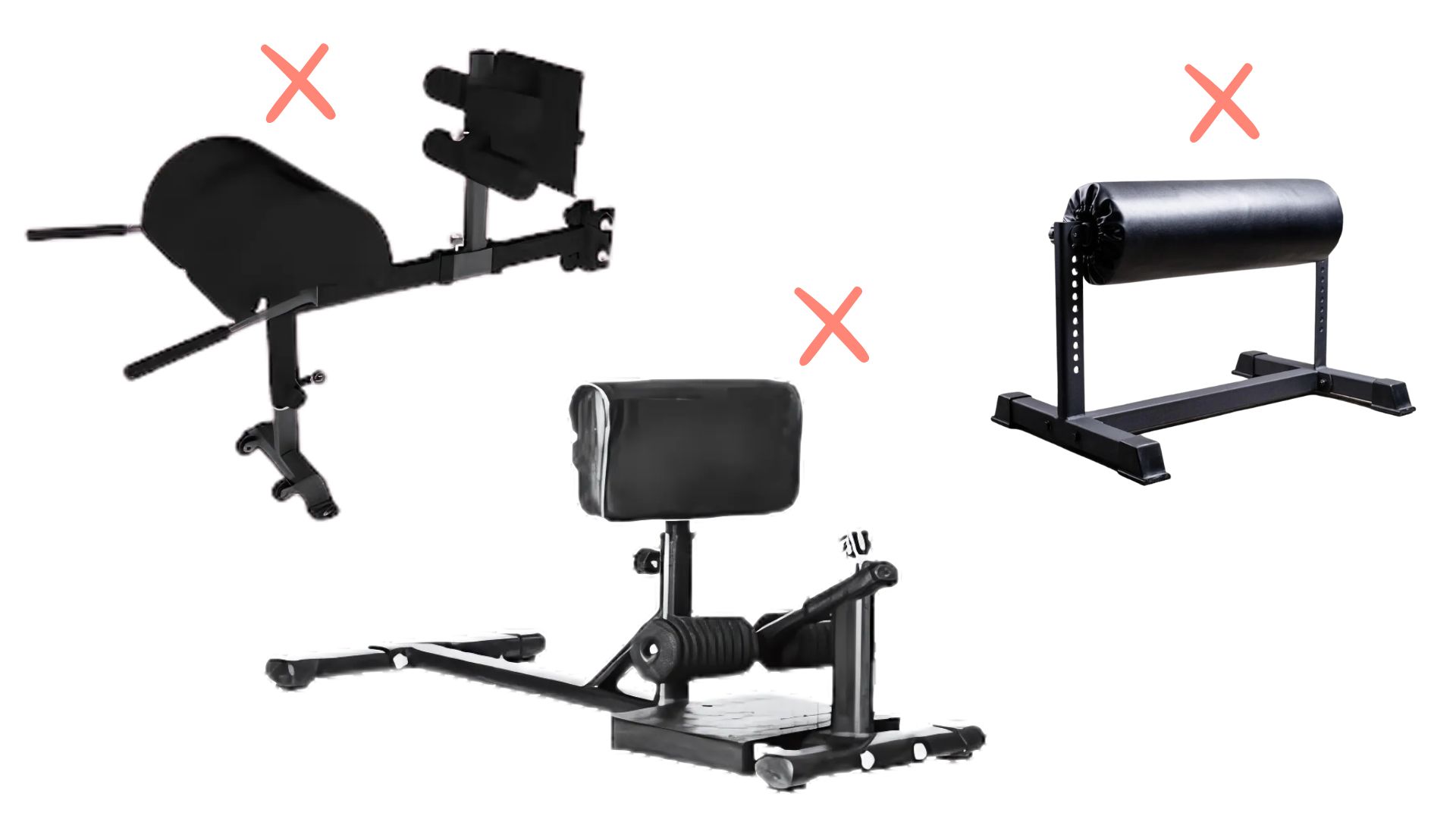 Three gym machines with red X marks on a white background.