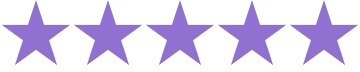 Five purple stars in a row on a black background, representing a five-star rating.
