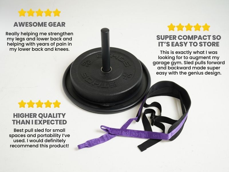 Compact gym sled with straps and positive customer reviews for quality and storage.
