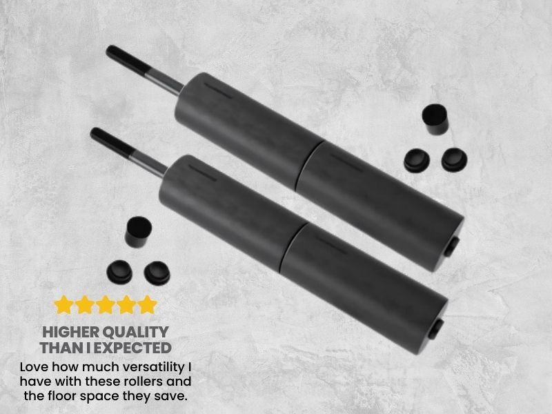 Two black cylindrical objects with handles, caps, and a five-star review text.