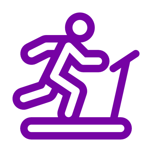 Purple icon of a person running on a treadmill.