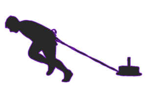 Silhouette of a person pulling a weighted sled with a strap.