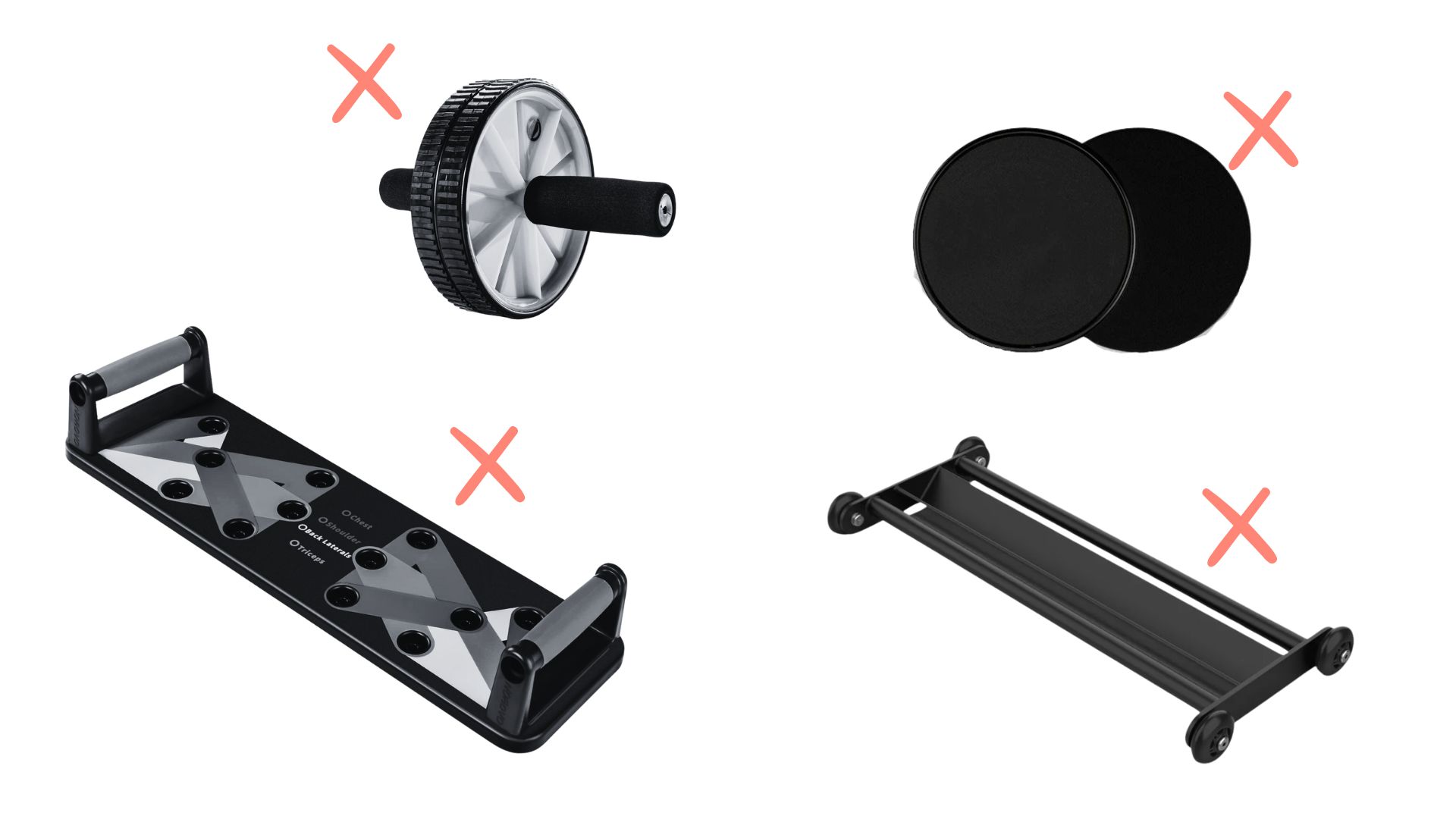 Four exercise tools with red X marks over them.