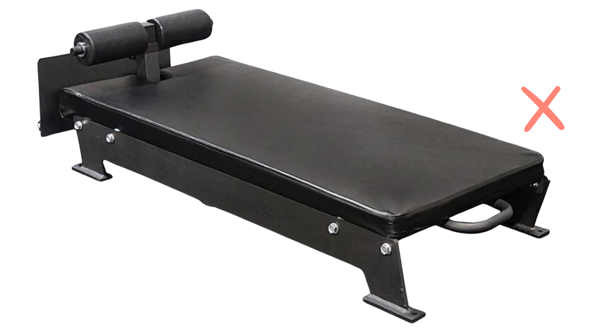 Black exercise bench with a red X mark on the right side.