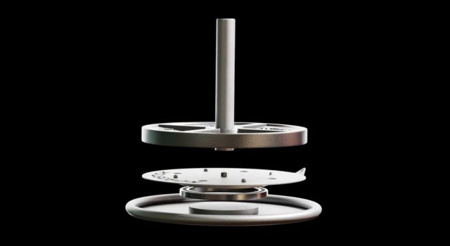 Exploded view of a mechanical component with multiple metal discs against a black background.