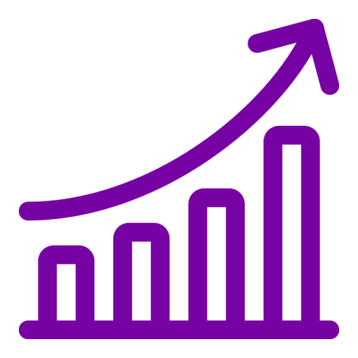 Purple bar chart with upward arrow indicating growth.