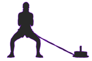 Silhouette of a person pulling weights with a sled.