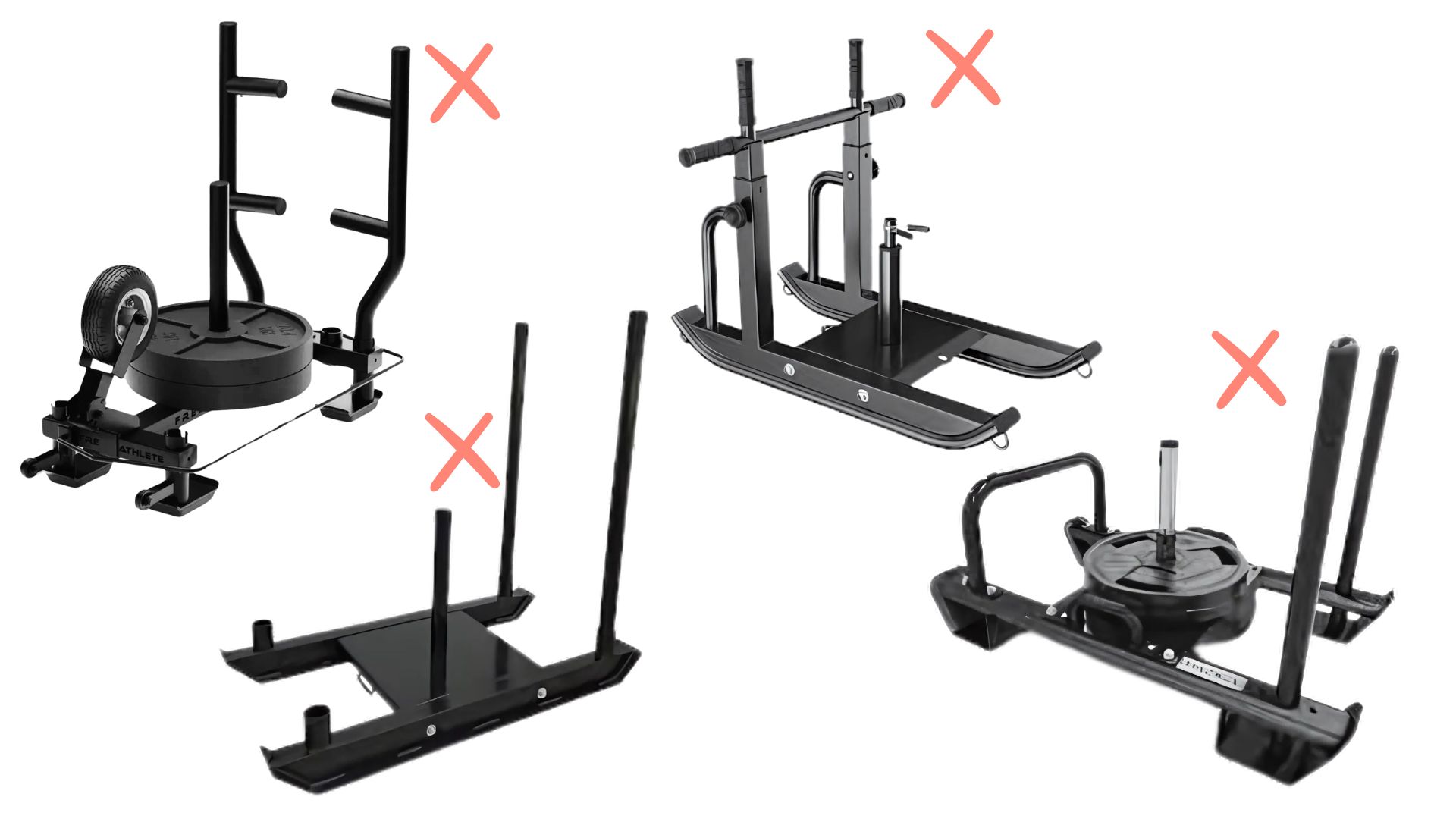 Various weight sled designs with three marked as incorrect.