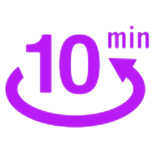 Purple '10 min' with a circular arrow icon.