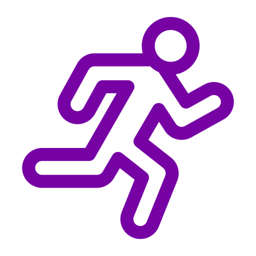 Purple running figure icon on a white background.