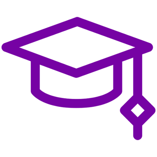 Purple graduation cap icon on a white background.