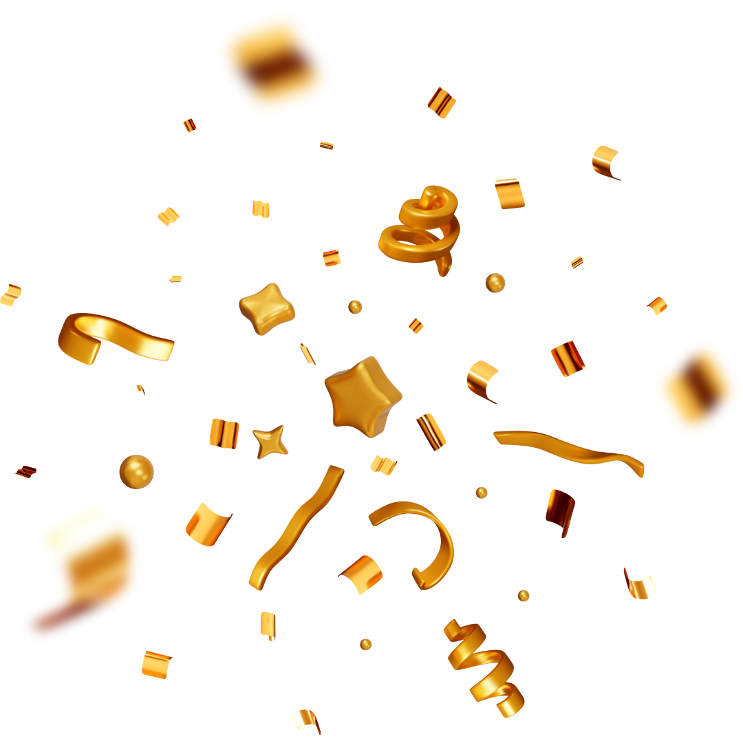 Gold confetti ribbons and shapes scattered on a black background.