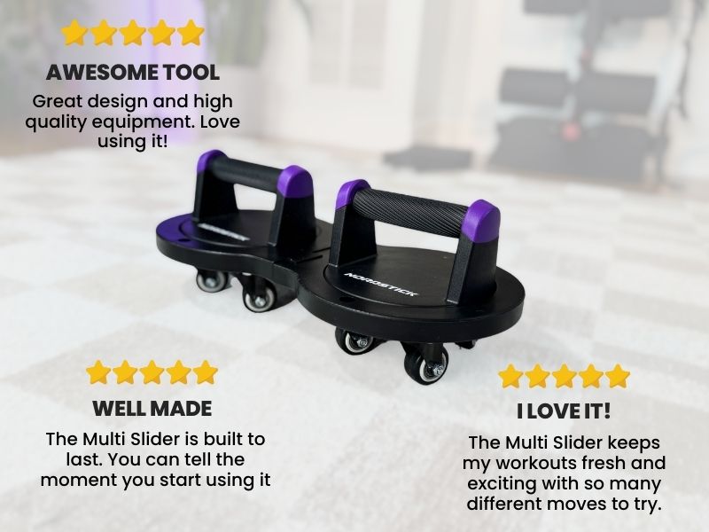 Two black and purple exercise sliders with wheels, surrounded by positive reviews and star ratings.