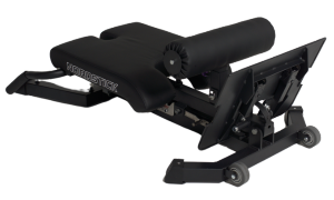 Black adjustable exercise bench with wheels and padded support.