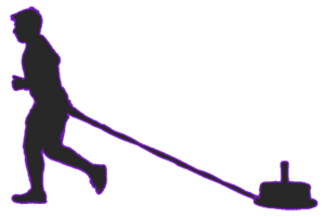 Silhouette of a person pulling a sled with a glowing outline.
