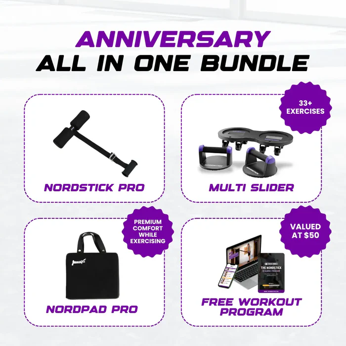 Promotional image for an anniversary fitness bundle with equipment and workout program.