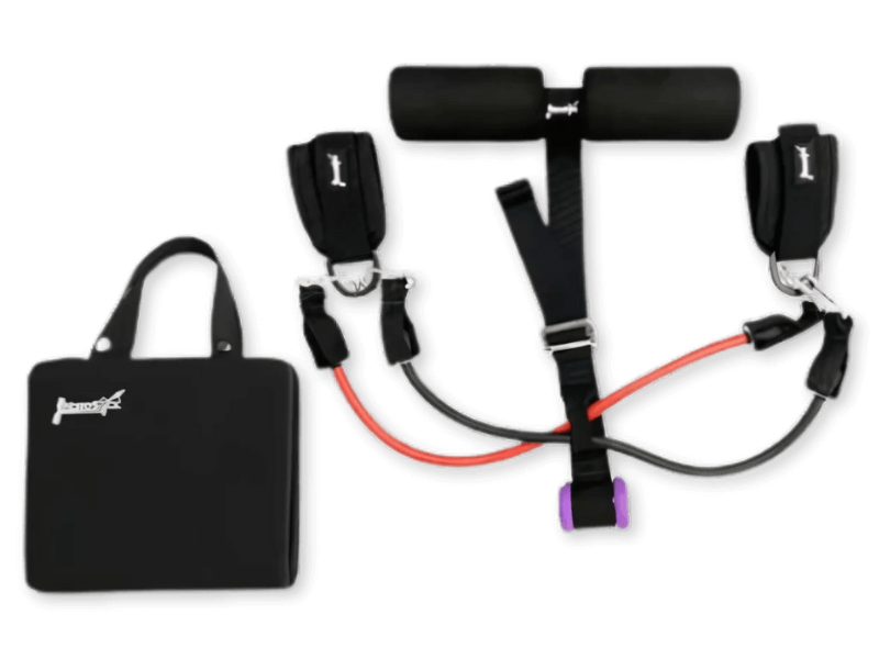 Portable exercise equipment with resistance bands and a carrying case.