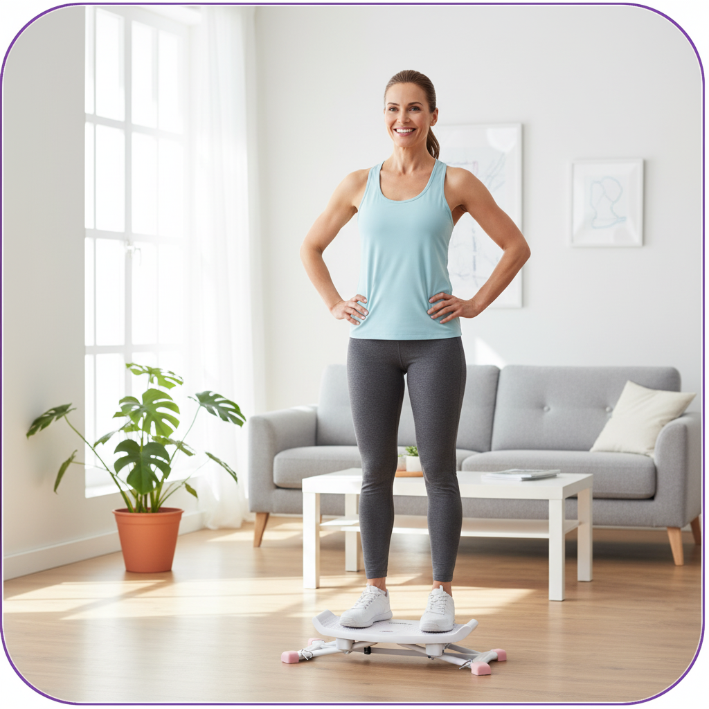 Woman standing on exercise equipment in a bright living room.