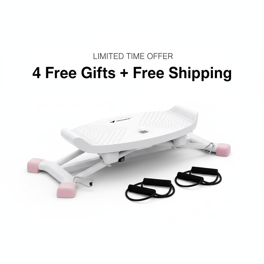 White exercise platform with resistance bands, '4 Free Gifts + Free Shipping' text above.