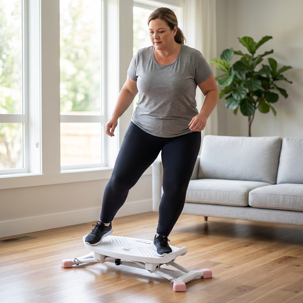 Person exercising on a lateral stepping machine in a living room.