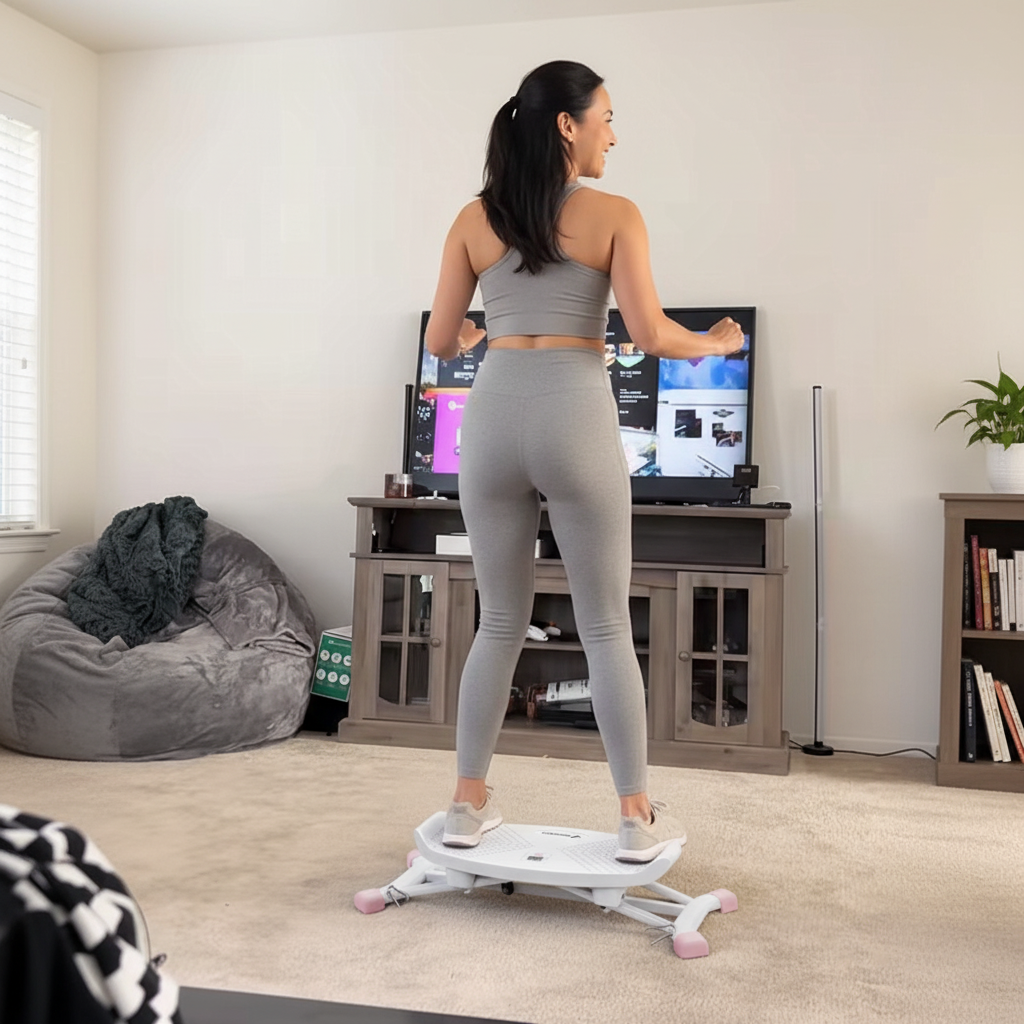 Person exercising on a balance board in a living room, facing a television.