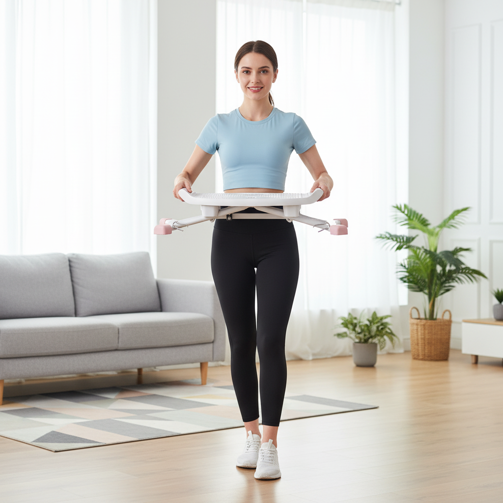 Person in activewear exercising with a waist device in a bright living room.