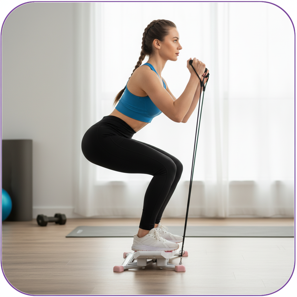 Person exercising with resistance bands in a bright room.