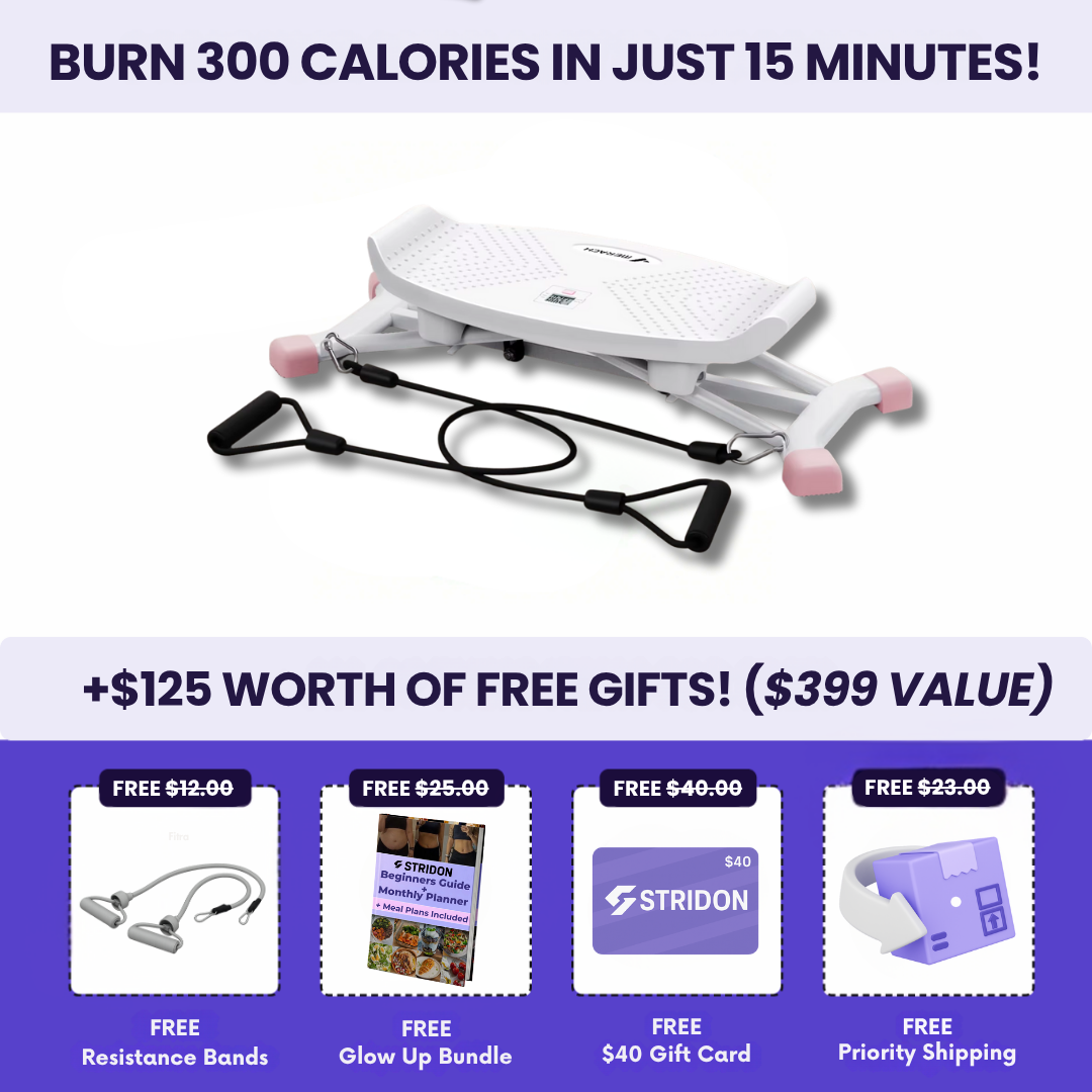 Exercise equipment with resistance bands and promotional offers for free gifts and discounts.