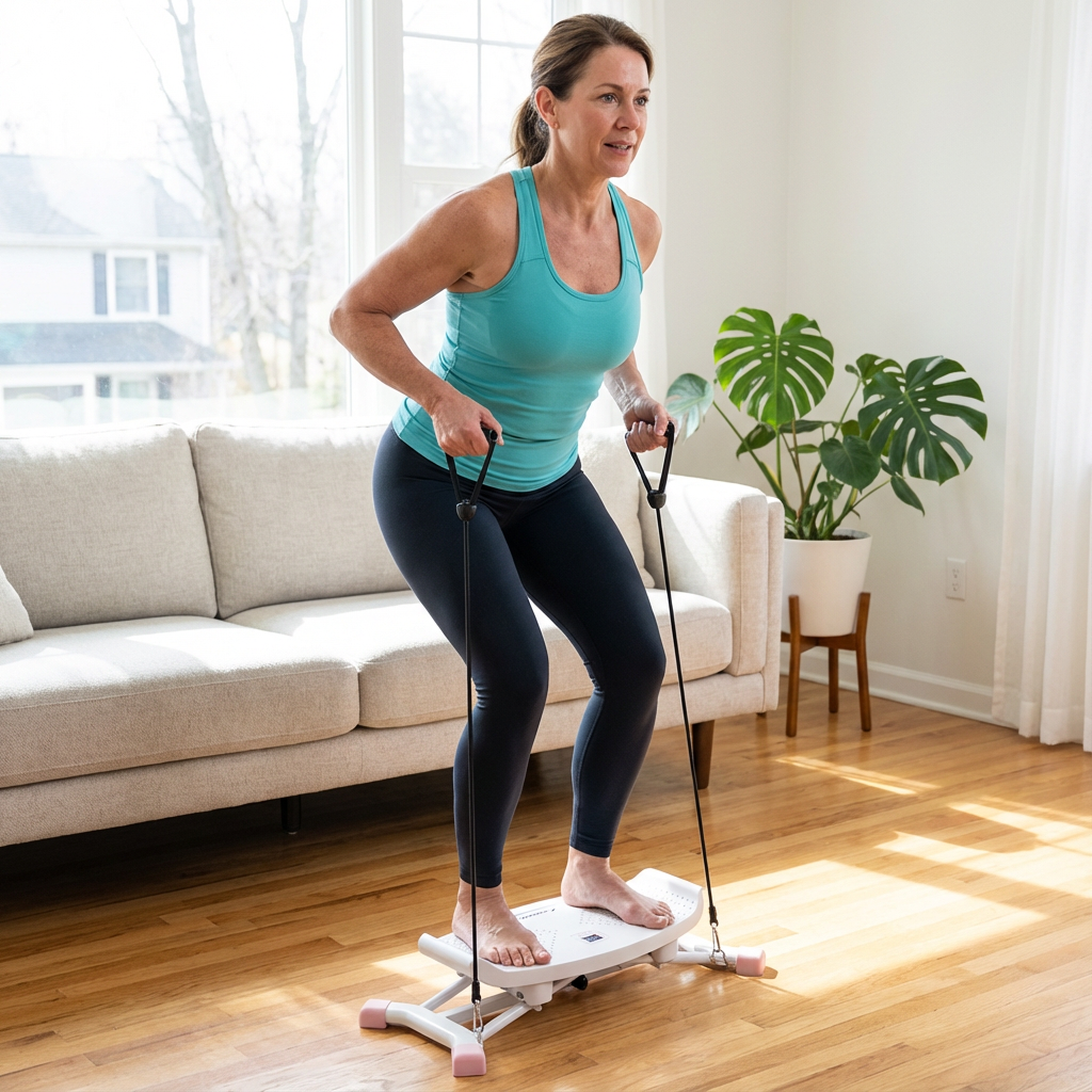 A woman exercising on a stepper in a bright living room.