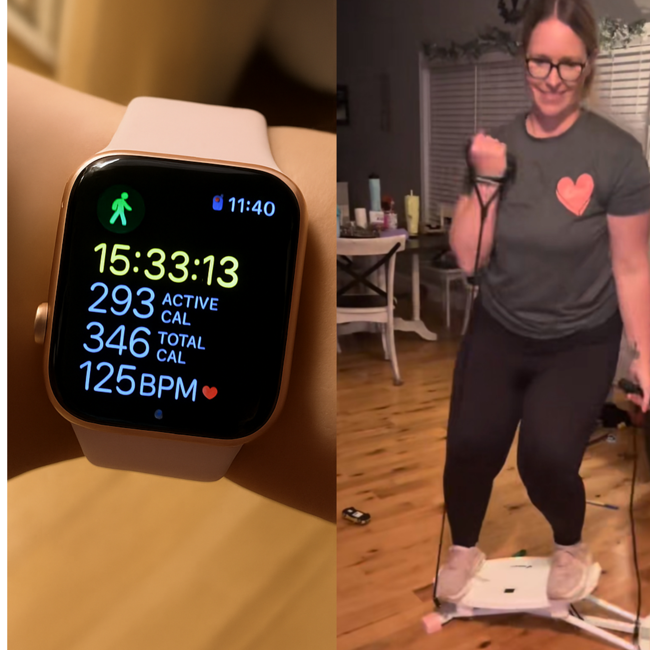 Smartwatch displaying fitness data; woman exercising with resistance bands indoors.