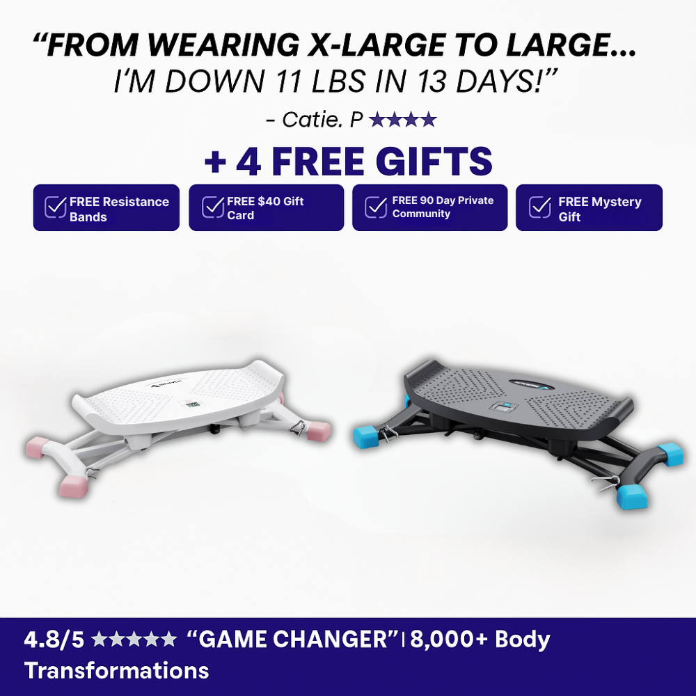 Two exercise platforms with promotional text and free gift offers.