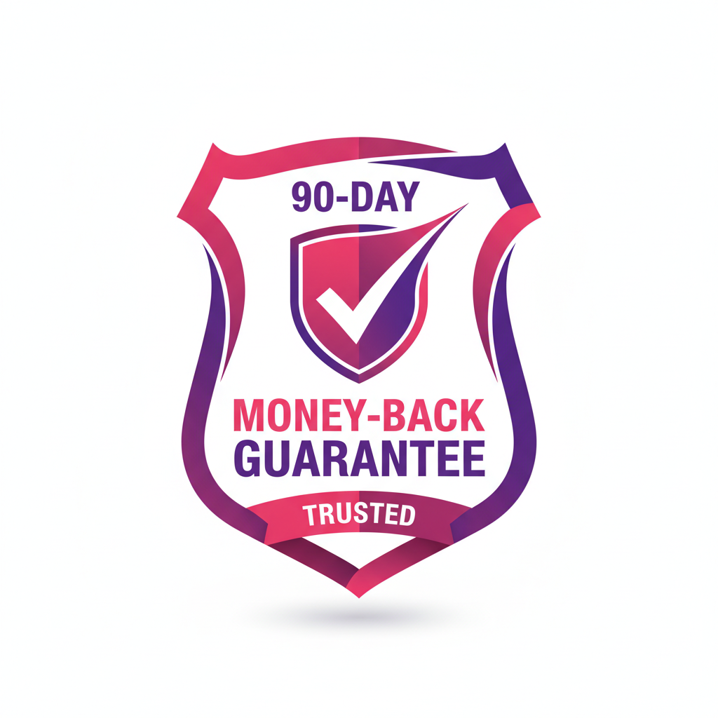 Illustrated badge displaying a 90-day money-back guarantee with a checkmark.