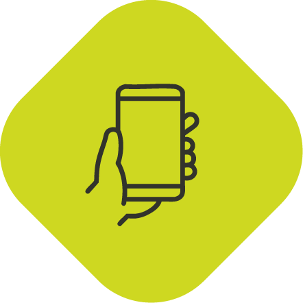 Icon of a hand holding a smartphone on a yellow background.