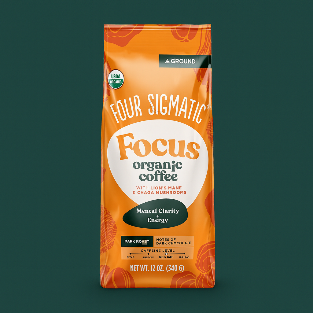 Orange bag of Four Sigmatic Focus organic coffee with mushrooms.