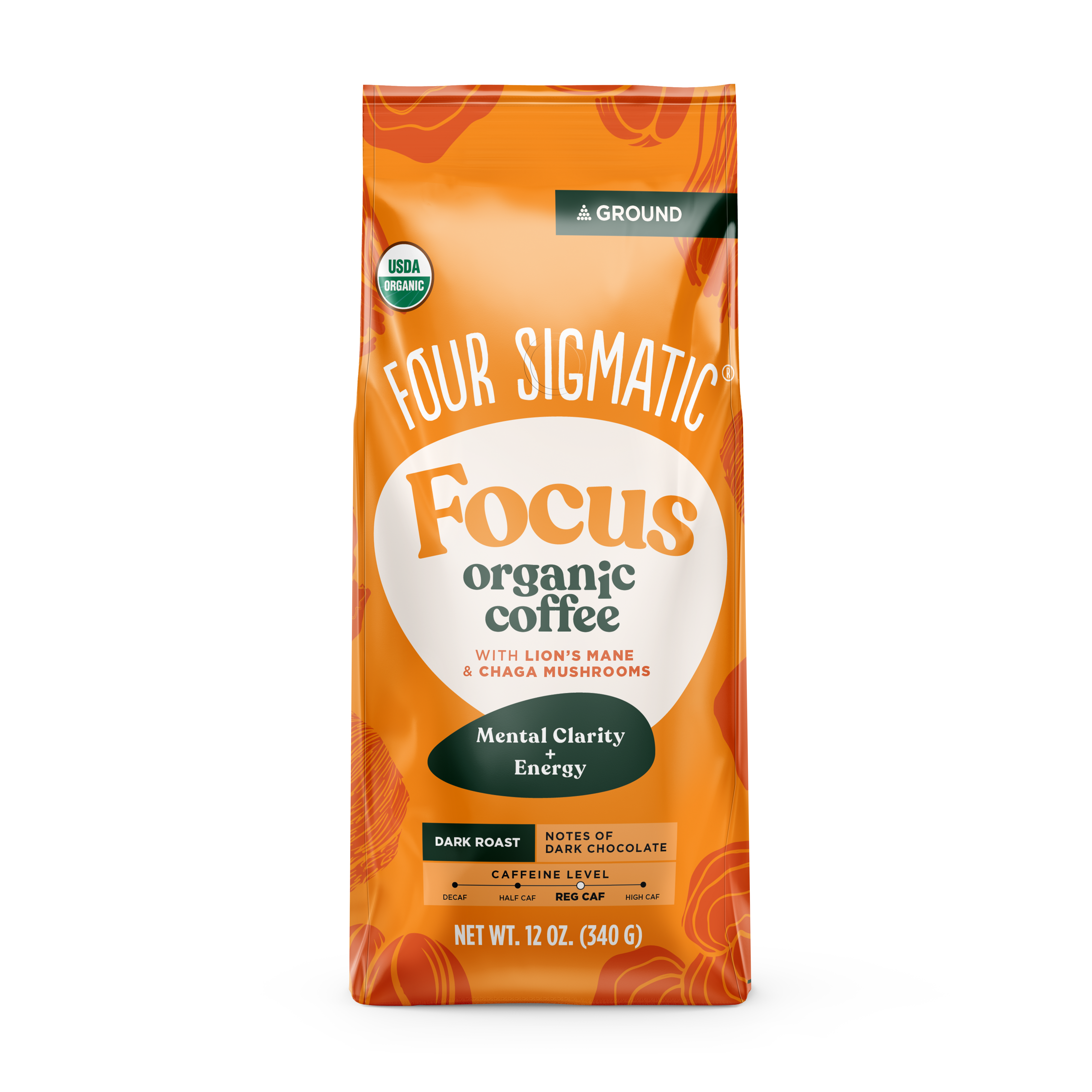 Orange bag of Four Sigmatic Focus organic coffee with Lion's Mane and Chaga mushrooms.