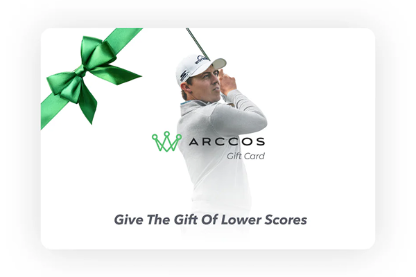 An Arccos gift card featuring a male golfer swinging a club and a green bow in the corner.