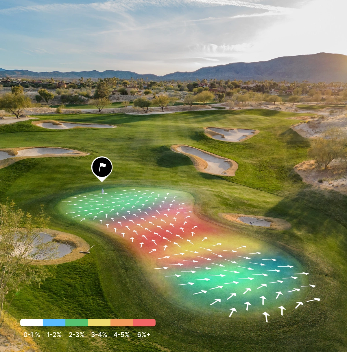 A golf course green with a colorful heat map overlay showing the direction and steepness of the slope.